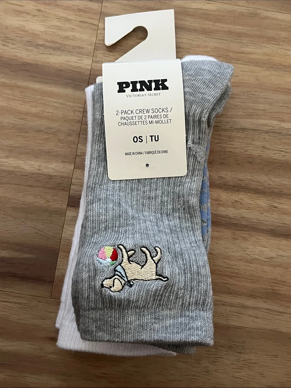 PINK Victoria's Secret Gray & White Crew Sock 2-Pack with Embroidered Dog